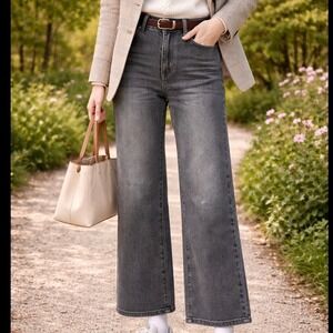 SheIn Womens High Waisted Wide Leg Jeans Faded Baggy Charcoal black Denim Size S